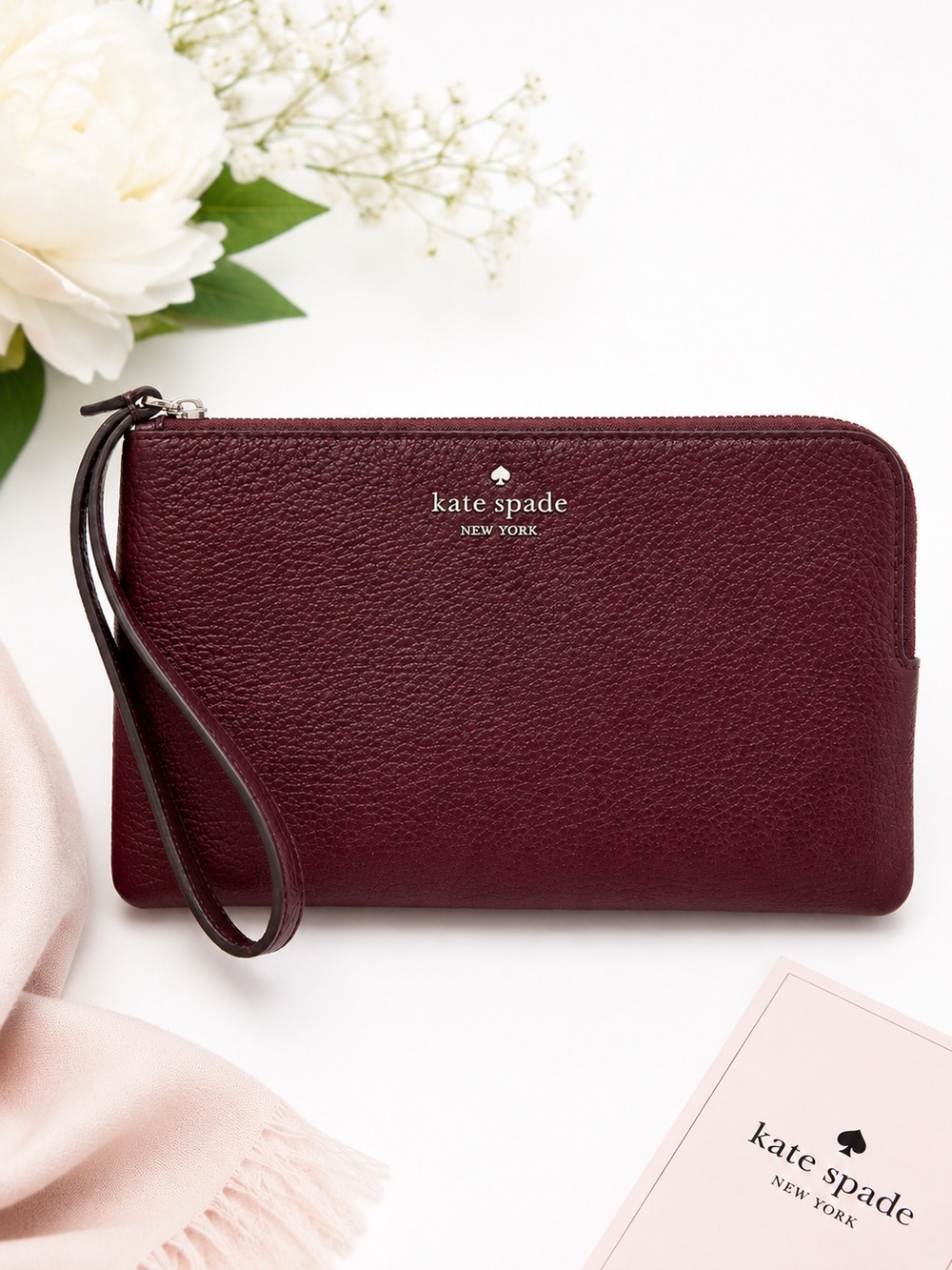 Kate Spade Chelsea Medium Wristlet Pouch Deep Berry Pebbled Leather NWT